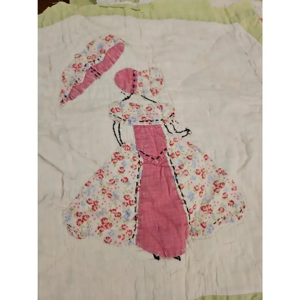 10 Vtg Sunbonnet Sue Parasol Southern Belle Applique Quilt Blocks Hand Stitched